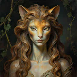detailed portrait in femininity, regal alien, feline, realistic face chiseled features, specular eyes, ethnic, statuesque model, natural skin, flowing ruffled hair, warm glow, subsurface scattering, avant garde fashion, chiaroscuro, organic impressionism, vine backdrop, deep rich color, digital illustration