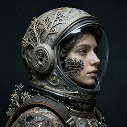 a woman's face in profile, wearing a space helmet made of intricate delicate seaweed, in the style of the dutch masters and vaughan oliver, dark and moody