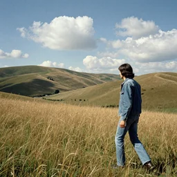 A landscape of hills and tall grass on a sunny day with puffy clouds with a man with medium length black hair, Jean jacket and jeans walking, in the style of a 1970s collage