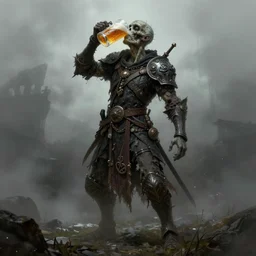 headless zombie drinks beer, beer, glass, beer mug in hand, intricate, triumphantly, foggy background, full body art, dark souls, drawing, concept art, artstation, digital painting