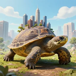 giant turtle with a city in its back, detailed, 4k