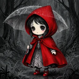 cute gothic little red riding hood in the rain, detailed intricate ink illustration, dark atmosphere, detailed illustration, hd, 4k, digital art, overdetailed art, concept art, by greg rutkowski, by loish, complementing colors, Trending on artstation, deviantart