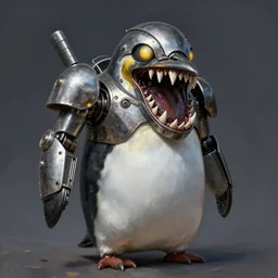 mecha anthropomorphic penguin, horror, shark teeth, metalic, glowing eyes, by John Singer Sargent