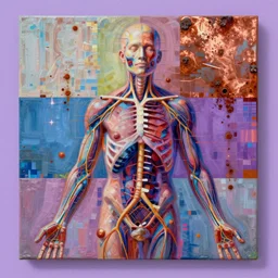a beautiful glitched painting by robert proch of an anatomy study of the human nervous system on colored square shapes by atelier olschinsky, color bleeding, pixel sorting, copper oxide and rust materials, brushstrokes by jeremy mann, cold top lighting, pastel purple background