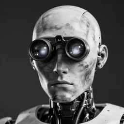 a black and white high quality photo of a male android with telescope eyes, highly detailed, cinematic concept art, by wlop, tooth wu, greg rutkowski, alena aenami
