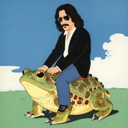 a portrait of frank zappa riding a toad. shin - hanga and utamaro.