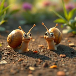 cute snails racing each other, finish line, pixar movie, ultra sharp, highly detailed