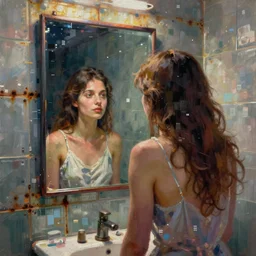 a beautiful painting by robert proch and christian hook of a woman in front of a mirror in a glitched bathroom, metal rust and plaster materials, pixel sorting, color bleeding, brushstrokes by jeremy mann
