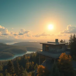 photorealistic realistic concept art house solarpunk satellite l in the funny big lake the sky sun over beautiful clouds at the forests, graffiti ont he wall, style brutalism minimalist, symmetrical details gold and black turquoise ratio cool color palette, octane render excellent composition natural textures