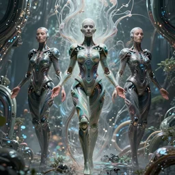 karol bak and tom bagshaw and daniel gerhartz symmetrical full body character portrait of the borg queen of sentient parasitic flowing ai, floating in a powerful zen state, supermodel, beautiful and ominous, wearing combination of mecha and bodysuit made of wires and fractal ceramic, machinery enveloping nature in the background, artstation scifi character digital concept, unreal engine