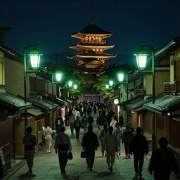 medieval kyoto street at night landscape, crowded streets, green street lights everywhere, 8K, trending on artstation, golden ratio, rule of thirds, low key, establishing shot, extremely high detail, concept art