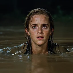 film still, close up, emma watson rising out of muddy vietnam river, face covered in mud, low camera angle at water level, night time, film still from apocalypse now ( 1 9 7 9 ), 2 6 mm,