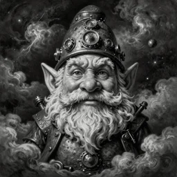 By Tom Bagshaw, ultra realist soft painting of gloomy universe by night, steampunk Dwarf smile beard, symmetry accurate features, very intricate details, ominous sky, black and white, volumetric light clouds
