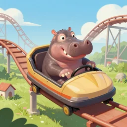 a hippo riding in a roller coaster, digital art