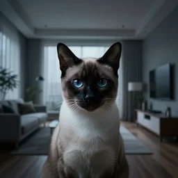 a dramatic portrait of a siamese cat inside a modern apartment, intricate concept art, ethereal, ominous, cinematic, dramatic lighting, by jeremy mann and ruan jia