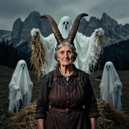 1 9 2 0 s spirit portrait photography of an old female farmer 9 1 2 4 8 turning into a krampus ghost with hay cloth in the dolomites, by william hope, dark, eerie, grainy