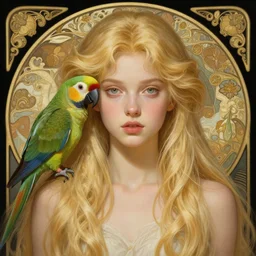 portrait of a young blonde e - girl with a parrot, upper body, long hair, intricate, elegant, highly detailed, digital painting, artstation, concept art, matte, sharp focus, illustration, art by artgerm and greg rutkowski and alphonse mucha
