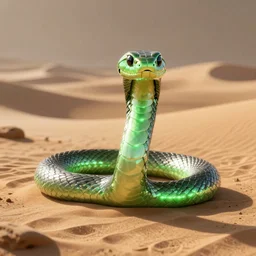 a robot snake with glowing green light in the desert, octane render, 3D, accurate