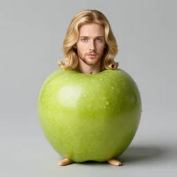 a green apple with legs and the head of christina applegate on top of it