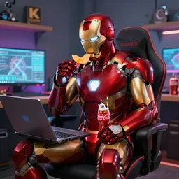iron man sit on chair in front of laptop and eating chips with coca cola, gaming room, trending on artstation, highly detailed, sharp focus, digital art, 8 k