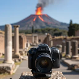 a roman city ruins with a volcanic eruption in the background, clear focus, bokeh effect, high res, hasselblad, dslr, professional, cinematic
