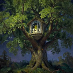a giant big tall tree lush with leaves and branches, and shrek, with a big window up in the canopy, someone is inside the window looking out to the milky way. highly detailed painting by gaston bussiere, greg rutkowski 8 k