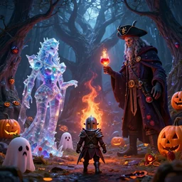 by par olofsson and wayne barlowe visually stunning, cinematic, ultra realistic, hyper realism, 1 2 k, epic, octane render, unreal engine, vfx, maya, tiny knight of evil, crystalline oracle, spiritspeaker azun, felfire potion, the halloween tree, sad jack - o - lanterns, strawberry ghosts, patches the pirate