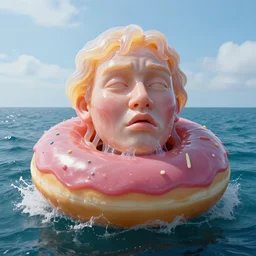 a massive jelly sculpture of a squashed human face on a giant jelly donut floating in the ocean, in the style of johnson tsang, cinematic, funny, hyper - realistic, very detailed, realistic jelly splashes, ray tracing, 8 k resolution, long - shot, sharp focus, low angle, 8 5 mm photograph, wide lens