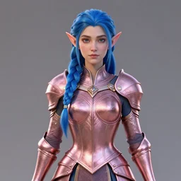 portrait of a regal elf with a long blue braid wearing a rose gold breastplate, 3 d render by mandy jurgens, artgerm, and lu ji, centered, artsation contest winner, cgsociety, fantasy art, cryengine, concept art, photorealism, daz 3 d, sketchfab, zbrush, vray