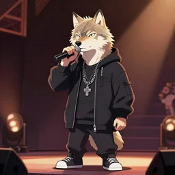 Wolf as a rapper, holding microphone, standing on the stage, deviantart contest winner, artstation, artwork by Ayami Kojima,