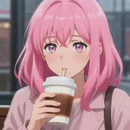 a realistic anime painting of a girl with pink hair drinking a hot coffee on a rainy day. Close up of face. cinematic, 4k, artstation, beautiful