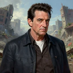 Portrait of Johnny Cash in a post apocalyptic world, overgrown city, fantasy, high detail, elegant, digital painting, natural light, vibrant, intricate, textured skin, highly detailed, artstation, sharp, focus, illustration, by Anna Dittmann, Ilya Kuvshinov, Nikolay Makovsky