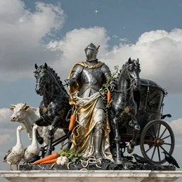 portrait, war, knight, horses, cows, gooses, plows, crows, feathers, horns, carriage, famine, death, war, wide angle, puffy clouds, skies behind, stars in sky, italian masterpiece, Ashford Black Marble, sculpture, baroque, draped with orange carrot and vines and spines, marble and gold, drapes, white details, still life vegetables, Obsidian, portrait, worms, render, artstation, ultra detailed