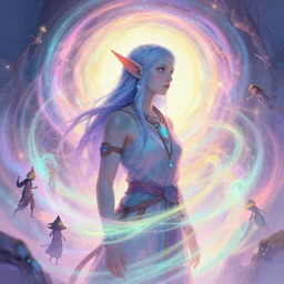 side portrait, female orc - goblin shaman, gloomhaven, luminescent, colorful swirly magic ripples, pastel colors, by greg manchess, huang guangjian, gil elvgren, sachin teng, greg rutkowski, jesper ejsing, ilya kuvshinov