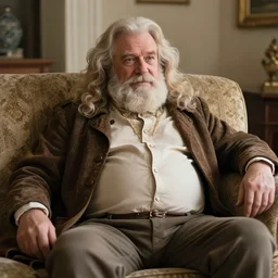 cozy picture of older handsome lord richard is sitting gracefully on a sofa, his eyes look wise, happy wise. he has bouncy belly, oh he is a human by the way