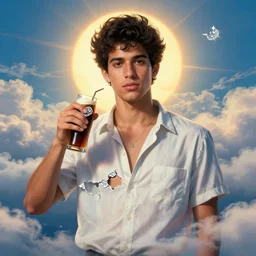 masterpiece portrait of a ( ( ( una cerveza y diamantes ) ) ), ( ( guapo joven caliente puerto rican camisa rota ) ), nubes y magia, el sol, concept character, by greg rutowski and tezuka and oi and mucha and bierstadt and remington, trending on artstation