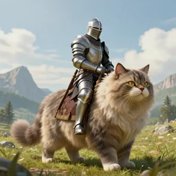 an armored knight riding on a big fluffy cat, digital art, landscape, fantasy art, octane render, unreal engine, high detail, very realistic, by greg rutkowski. by james gurney