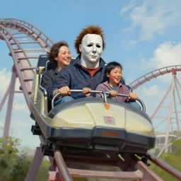 portrait painting of Michael Myers having fun in a roller coaster, beautiful sky, sunny, happy, sharp focus, wide shot, trending on ArtStation, masterpiece, by Greg Rutkowski, clear facial features, by Ross Tran, by Fenghua Zhong, octane, soft render, oil on canvas, colorful, cinematic, environmental concept art