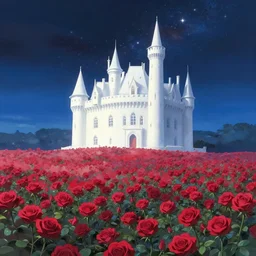 very very beautiful dream, sea of flowers, red roses, inside of a simple and atmospheric white castle, beautiful starry sky, the stars shining, diffuse, by makoto shinkai