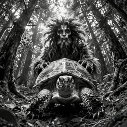 fish eye footage of a skinwalker turtle with human face in the forest, black and white