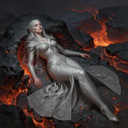 a full body portrait of a beautiful post apocalyptic offworld nordic necromancer reposed by the lava pits, intricate, elegant, highly detailed, digital painting, artstation, concept art, smooth, sharp focus, illustration, art by krenz cushart and artem demura and alphonse mucha