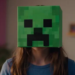 closeup of girl with minecraft creeper mask, stranger things tv series, cinematic shot, cine still 800t