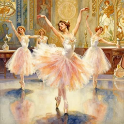 a beautifull intricate watercolour painting of a dancing balerinas in ateliere, reflexions, verry high details by william turner art, greg rutkowski and alphonse mucha, trending on artstation, very very detailed, masterpiece,
