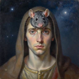 rat award winning saint close - up portrait symmetry desaturated tetrachromacy colors astral background tim hildebrandt wayne barlowe bruce pennington donato giancola larry elmore masterpiece trending on artstation cinematic composition beautiful lighting hyper detailed!!! 8 k oil on canvas