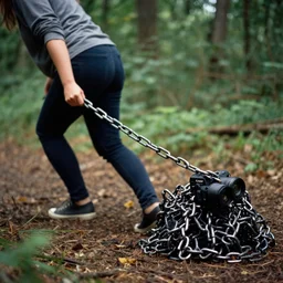 a closeup of a woman dragging a pile of chains, in a forest, by Erik Almas, CANON Eos C300, ƒ1.8, 35mm, 8K, medium-format print