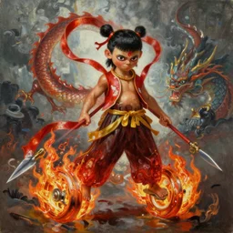 A beautiful oil painting of Nezha with two fire wheels and a spear, fighting a Chinese dragon, by Boris Vallejo, epic fantasy character art, high fantasy, Exquisite detail, post-processing, low angle, masterpiece, cinematic