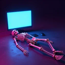 the skeleton lies on the ground in front of the computer, magenta and blue, dof, neon