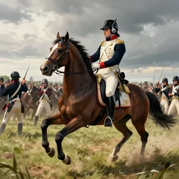 gopro picture of napoleon on his horse fighting in waterloo, trending artstation, hyper realistic, very detailed, dramatic scene, realistic lighting, anime, 4 k