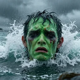 the pain is splattered on the sad monster's green face on a rainy day as stormy ocean waves crash against his huge head, unreal engine