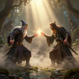 two wizards having a magical duel, mist, sunrays, dust in the air, dnd character, unreal engine, octane render, dramatic lighting, pond, digital art, by stanley artgerm lau, greg rutkowski, thomas kindkade, alphonse mucha, loish, norman rockwell,